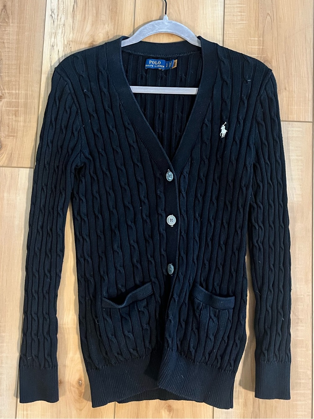 Ralph Lauren Black Cable-Knit Cardigan with Polo Pony